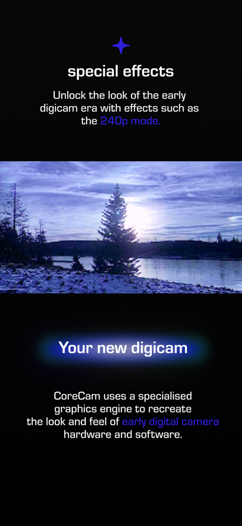 CoreCam - CoreCam app interface showing a low resolution landscape photo with early 2000s digital camera effects