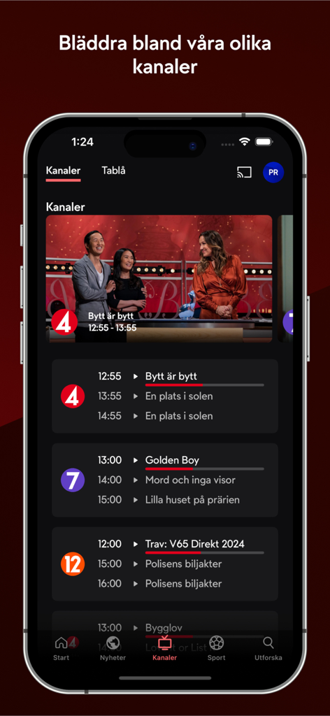 TV4 Play - Interface de l'application TV4 Play montrant une liste de chaînes de télévision suédoises et leurs programmes