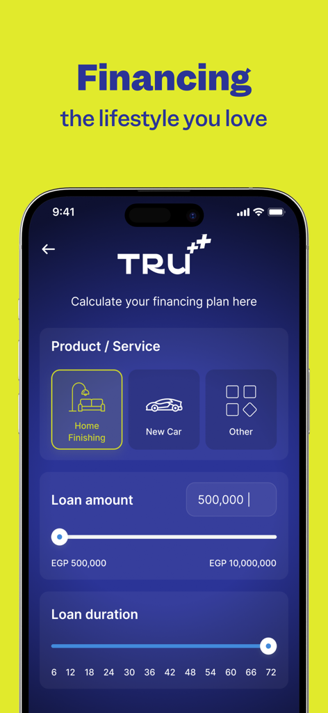 Tela do aplicativo TRU exibindo uma calculadora de financiamento para empréstimos residenciais e de carros com controles deslizantes ajustáveis