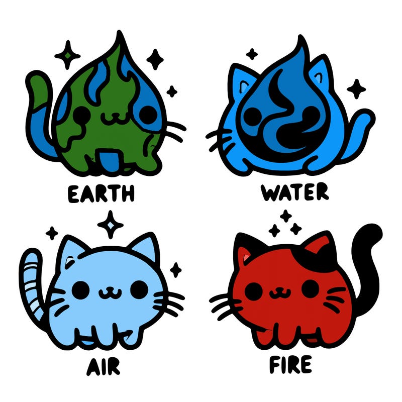 4 cats that represent the different elements, earth, water, air, and fire
