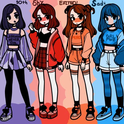 one girl with crop-top shirt and a jacket with a skirt, long socks and another girl with a shirt and pants with a jacket