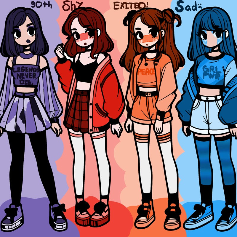 one girl with crop-top shirt and a jacket with a skirt, long socks and another girl with a shirt and pants with a jacket