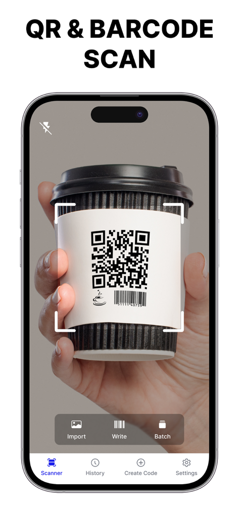 QR Code Scanner - Generate QR - Ein Smartphone-Bildschirm, der die QR- und Barcode-Scanoberfläche anzeigt und sich auf ein Kaffeebecher-Etikett konzentriert