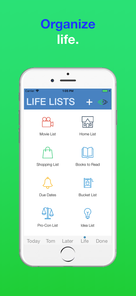 Do.List: To Do List Organizer - Interfaz de la aplicación Do.List mostrando varias listas de vida, incluyendo lista de películas, lista de compras y libros para leer.