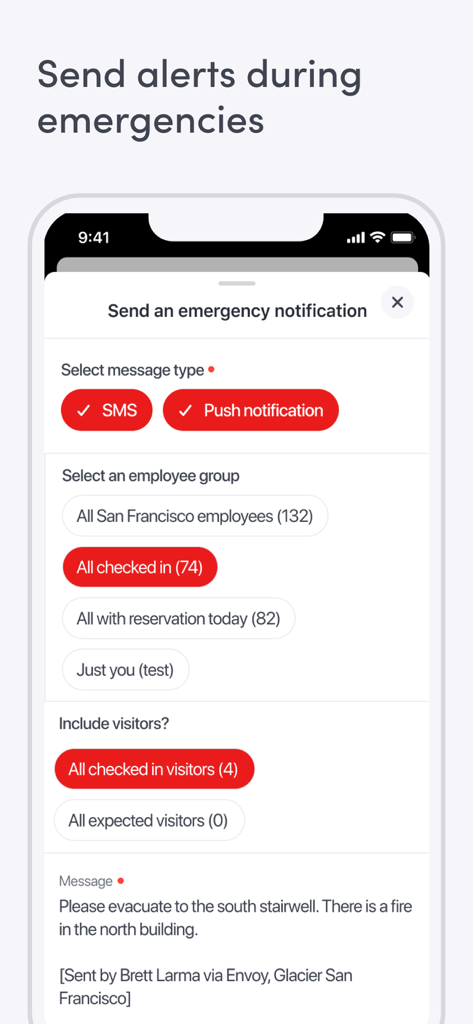 Interface of the Envoy app showing the emergency notification feature with options to send SMS and push alerts to employees and visitors.