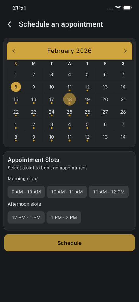 Luma Wellness - Interface de agendamento de consultas no aplicativo Luma Wellness com um calendário para fevereiro de 2026 e horários selecionáveis de manhã e tarde.
