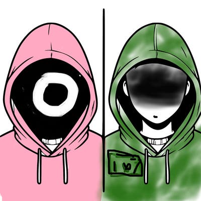 a person with a hoodie and no face, the drawing is split in 2