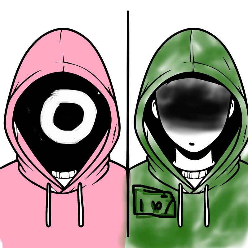 a person with a hoodie and no face, the drawing is split in 2