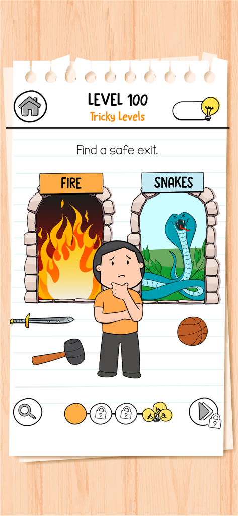 A character in Brain Test 3 stands before two doors labeled Fire and Snakes with a prompt to find a safe exit