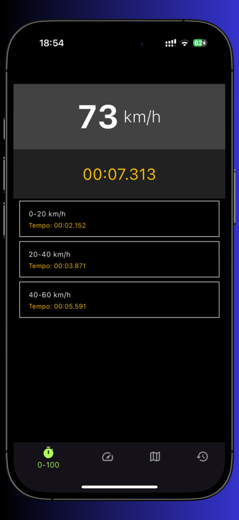 GPS Speed Test: Speed Curve - Una captura de pantalla de la aplicación Prueba de Velocidad GPS mostrando intervalos de tiempo de aceleración del vehículo y velocidad en tiempo real.