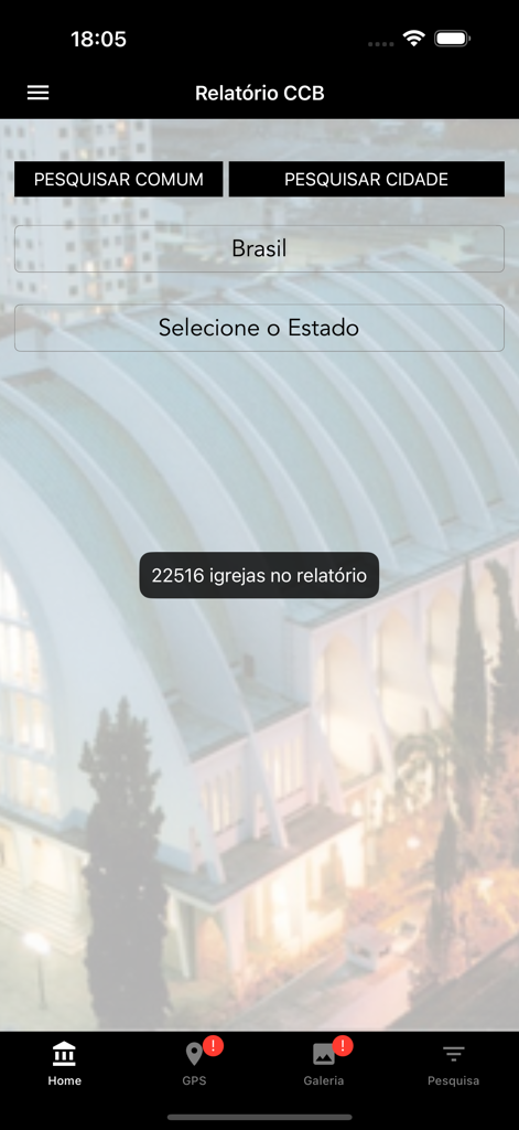 Relatório CCB - Tela inicial do aplicativo Relatorio CCB mostrando opções para pesquisar igrejas por nome ou cidade e uma contagem de igrejas no diretório