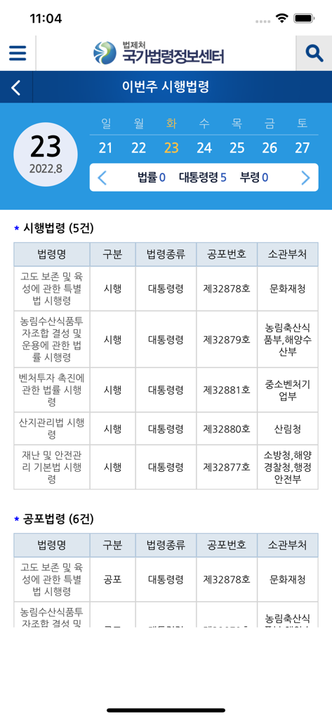 A calendar and table view within the Korea Laws app showing South Korean statutes and decrees scheduled for implementation during a specific week.