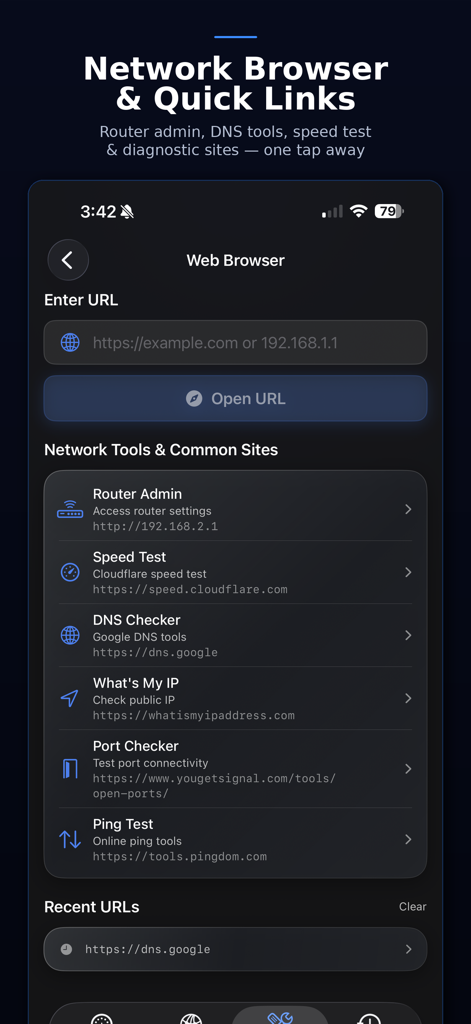 NetMonitor Mobile network browser screen with quick links to diagnostic tools and router settings