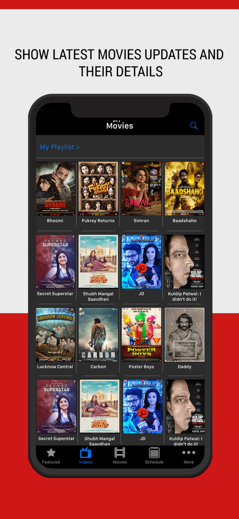 IndiaTVShowz - Bollywood App - A mobile screen showing a library of latest Bollywood movies with posters and details.