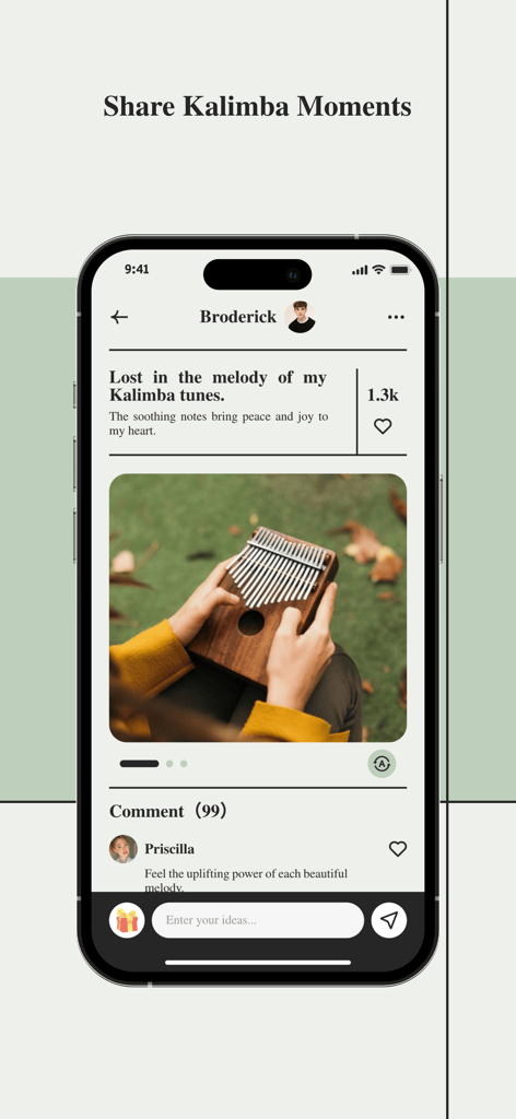 CHIO - Live & Melody - A screenshot of the CHIO app showing a user post about playing the Kalimba with community comments.