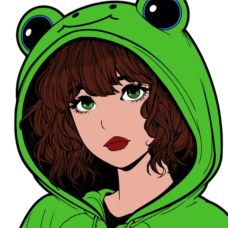 a realistic teenage girl with a messy fringe, in a frog onesie with the hood up