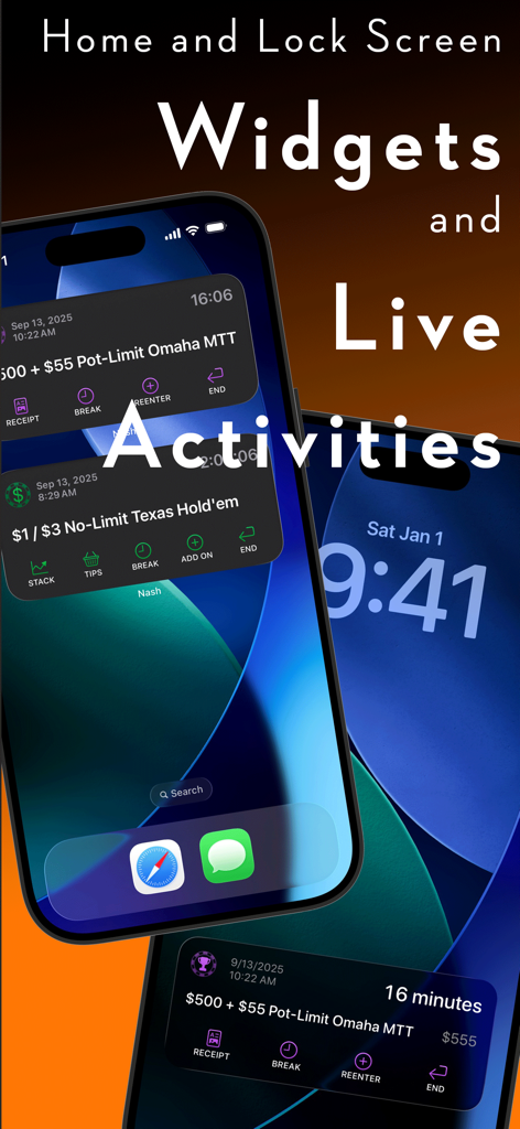 Nash Bankroll - iPhoneのホーム画面とロック画面にあるNash Bankrollポーカー追跡ウィジェットとライブアクティビティ