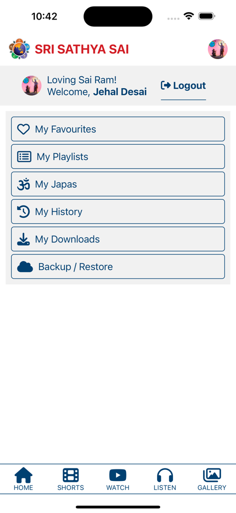 Prasanthi Connect - User profile dashboard of the Prasanthi Connect app showing personal menu options like My Favourites My Playlists and My Japas