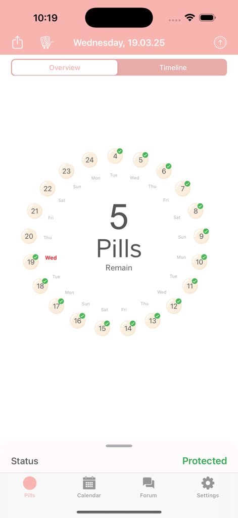 BC Pill Reminder app circular status screen showing pills taken and remaining