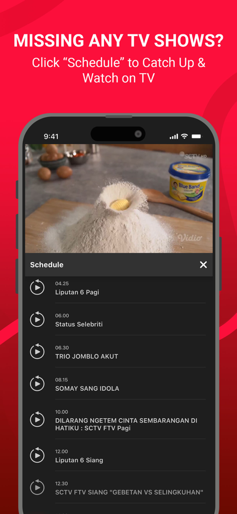 Vidio: Sports, Movies, Series - The Vidio app interface highlighting the catch-up feature and daily schedule for Indonesian TV channels.