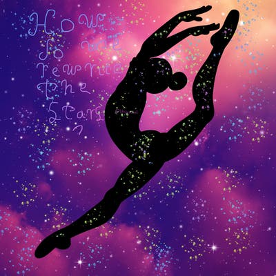 gymnast doing a leap in a leotard with a bent back leg