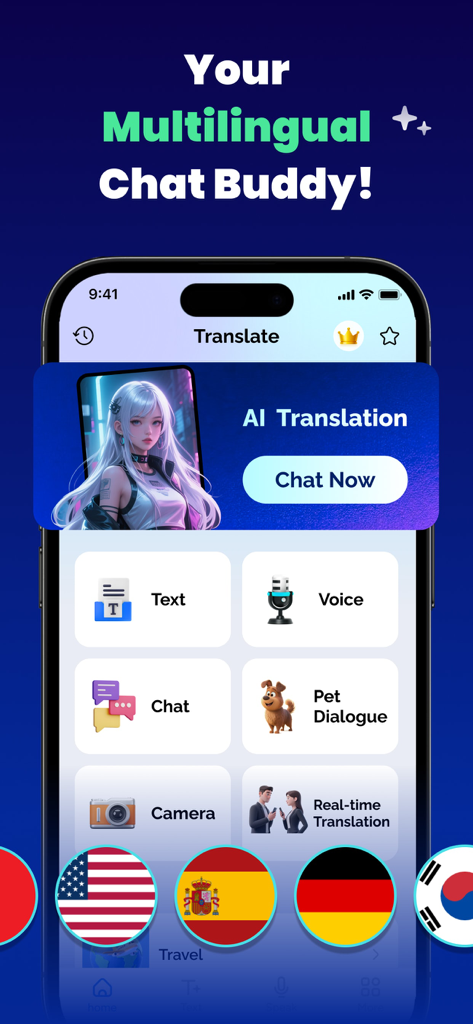 Screenshot of the Real-time Voice Translator app interface featuring AI translation and multilingual chat tools.