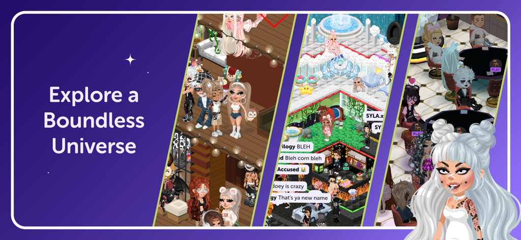 Highrise: Virtual Avatar Game - Banner del juego de avatares virtuales de Highrise que muestra diversas salas sociales 3D y personajes personalizados