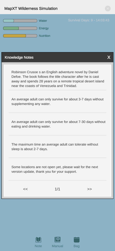 MapXT - MapXT app interface showing wilderness survival simulation knowledge notes and status bars for water, energy, and nutrition.