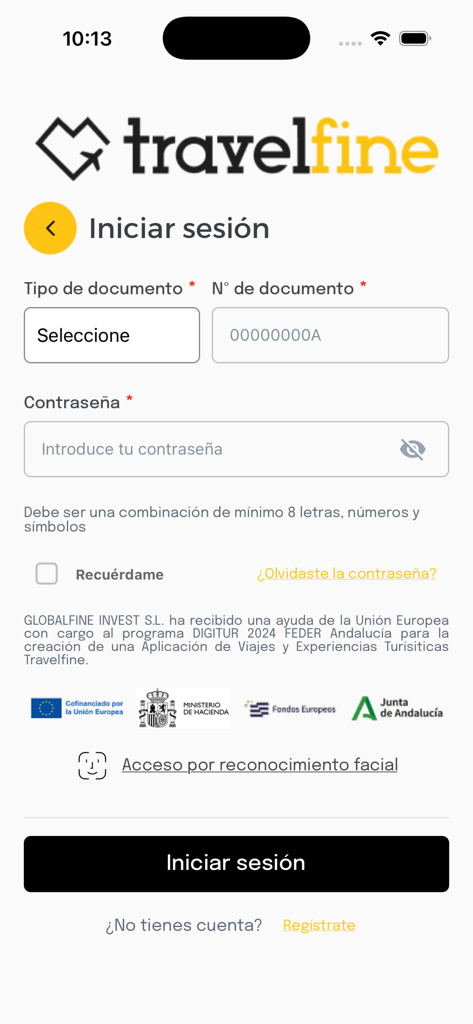 Travelfine - Login screen of the Travelfine travel insurance mobile app