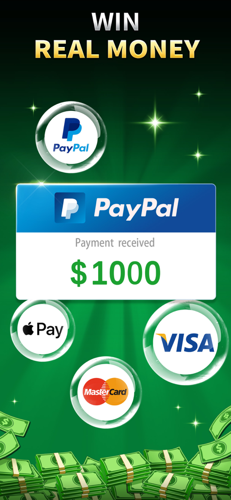 Mahjong Solitaire: Win Cash - Pantalla promocional de Mahjong Solitario que muestra un pago de PayPal de mil dólares recibido y métodos de pago seguros como Apple Pay y Visa