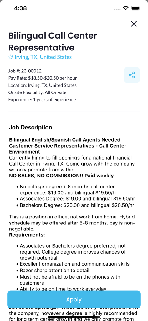 HJG Staffing - Interface of the HJG Staffing app showing a job posting for a Bilingual Call Center Representative in Irving Texas