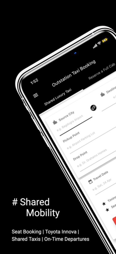 Wizzride - Wizzride mobile app interface for booking shared luxury SUV taxis with pickup and drop off points