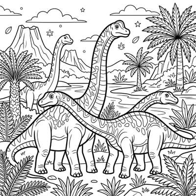 Journey back to the time of giants with this captivating coloring page featuring a herd of magnificent sauropod dinosaurs amidst a lush prehistoric landscape. Bring these gentle, long-necked creatures and their ancient world to life with your favorite colors.
