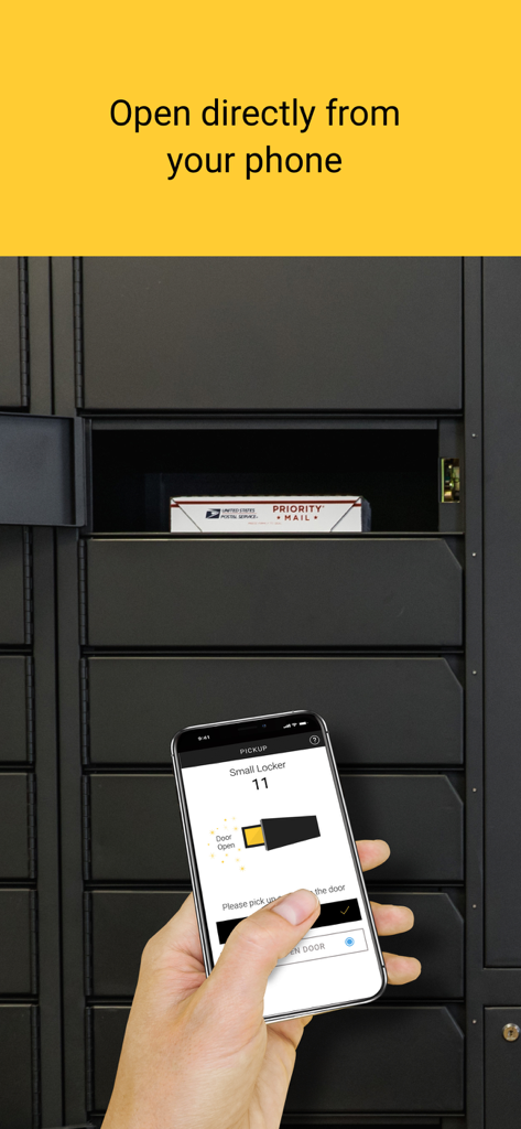 Luxer One - A person using the Luxer One app on a smartphone to open a smart locker containing a package.