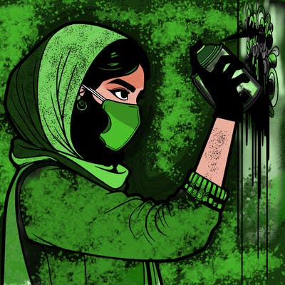 realistic girl with mask spray painting a wall