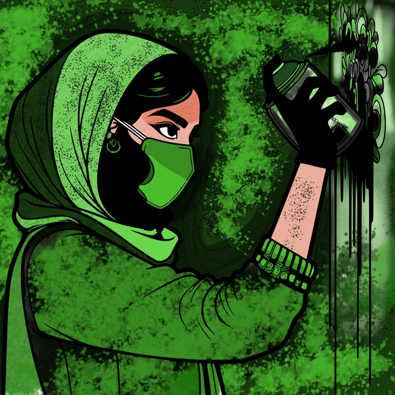 realistic girl with mask spray painting a wall