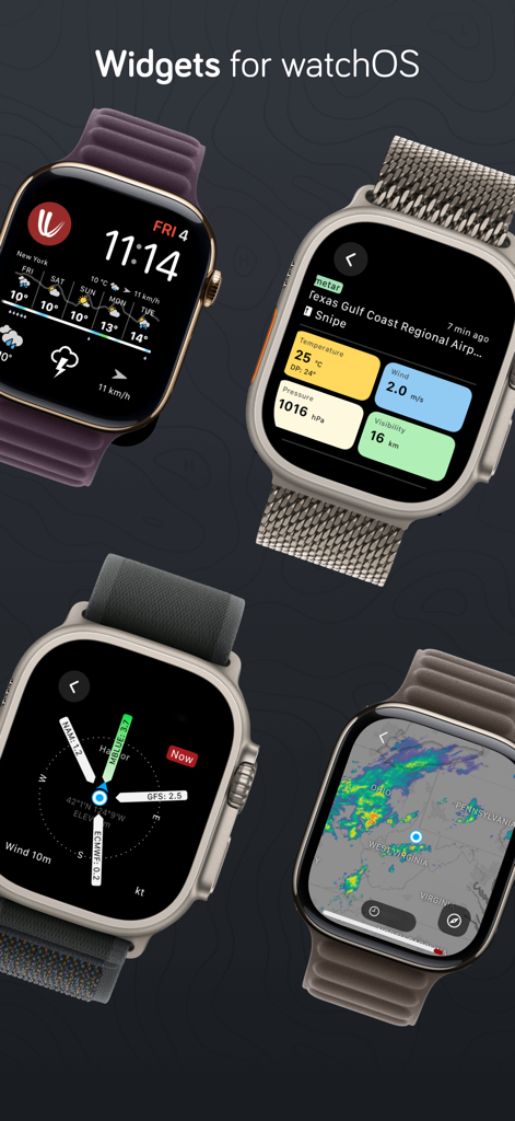 Windy.com weather widgets on Apple Watch displaying radar maps wind models and aviation METAR data