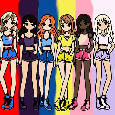 a group of girls wearing crop tops and shorts