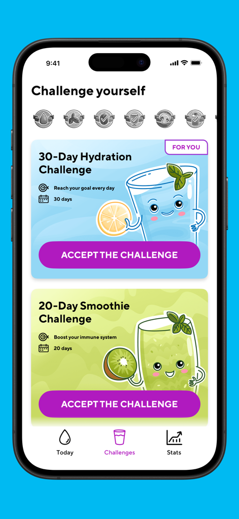 A mobile screen showing hydration and smoothie challenges in the Water Mate app
