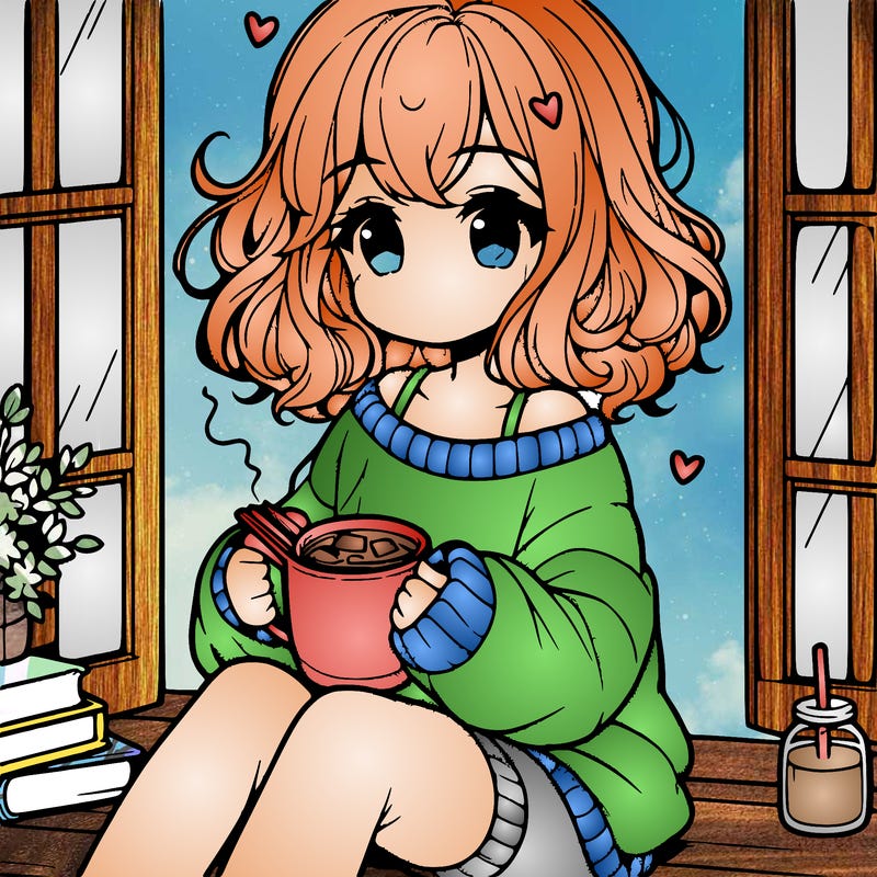cute anime girl reading book and drinking hot chocolate from mug with loose wavy hair wearing a baggy sweatshirt and shorts sitting by windowsill looking out