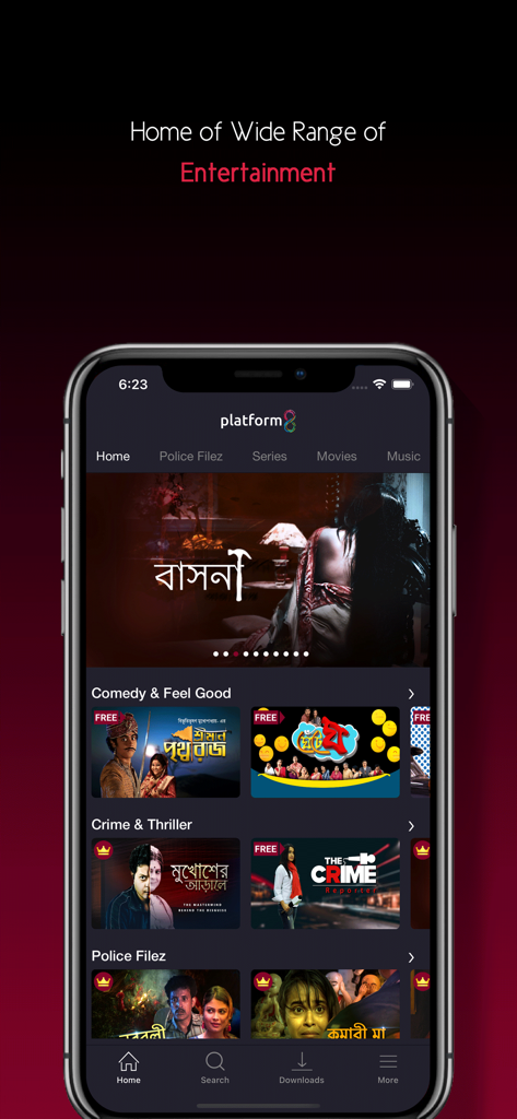 Platform8 - Platform8 app interface on an iPhone displaying various Bengali entertainment categories like Comedy Crime and Thriller