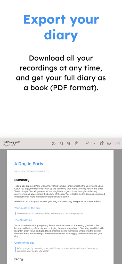 Audio Diary - a simple journal - Preview of the Audio Diary app export feature showing a journal entry in PDF format.