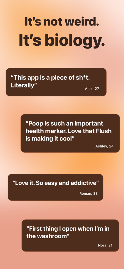 Flush: Poop & Gut Health Scan - User testimonials for the Flush gut health app with a headline stating that tracking is biology not weird