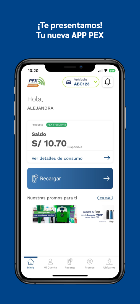 PEX PERU - PEX PERU app home screen showing account balance and recharge options