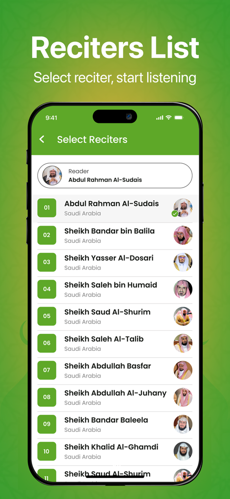 Al Quran Majeed القرآن مجید - Mobile app interface displaying a list of Quran reciters with names and profile photos