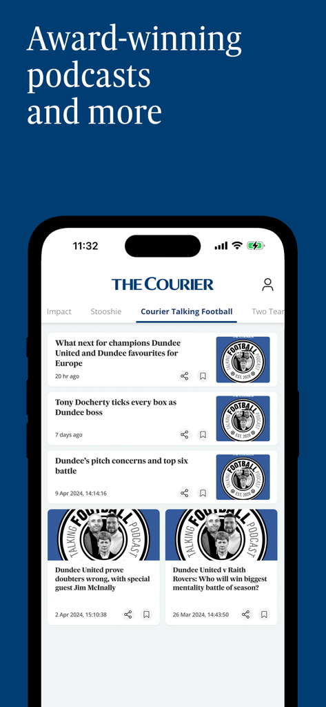 The Courier - Scotland News - The Courier mobile app displaying a list of Scottish football podcast episodes