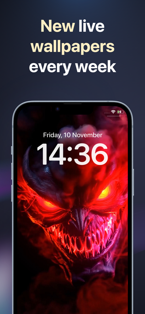 iPhone showing a new live wallpaper of a red demon face with glowing eyes