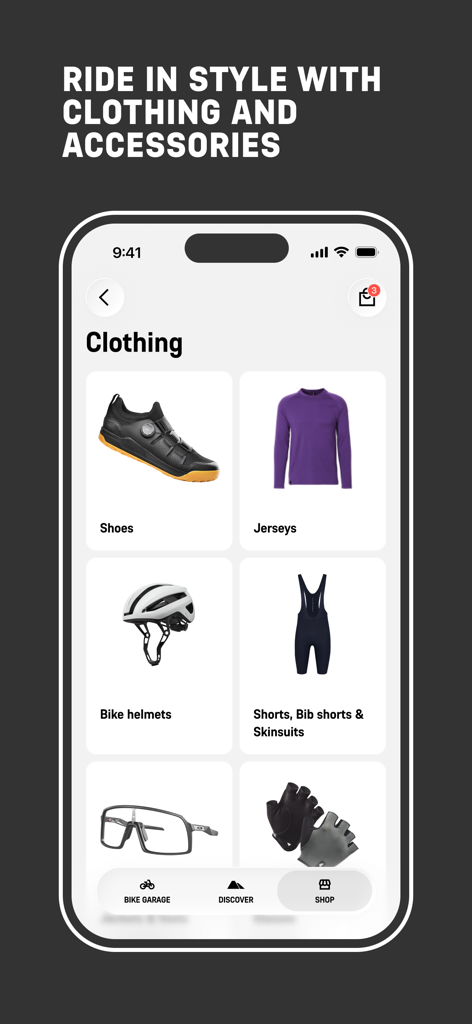 A mobile screen showing the Canyon app shop with categories for cycling shoes jerseys and helmets
