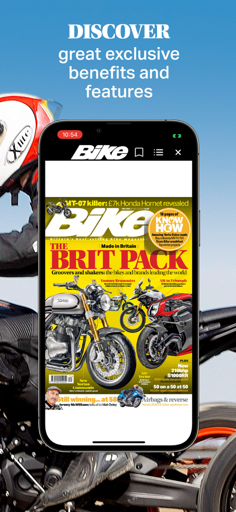 Écran d'iPhone affichant l'édition numérique du magazine Bike avec des essais de motos