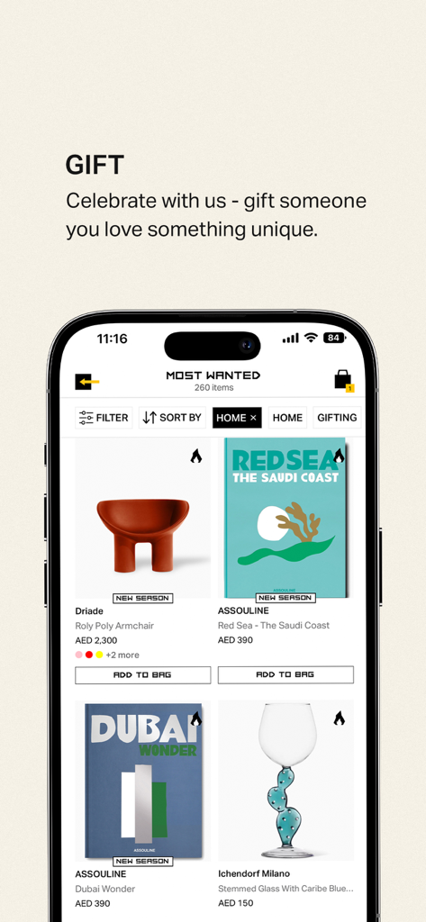 THAT Concept Store - Shopping - Schermata dell'app mobile che mostra una selezione curata di regali di lusso e decorazioni per la casa di design